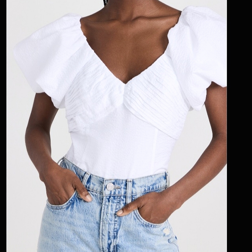 Frame Denim White Puff Sleeve V-Neck Blouse